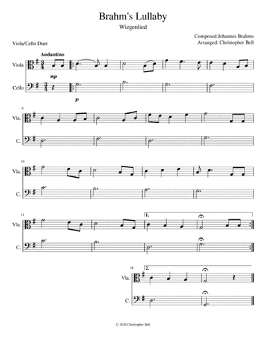 Brahms Lullaby - Easy Viola/Cello Duet (arr. Christopher Bell)