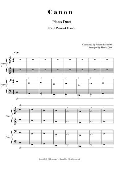 Canon by J.Pachelbel [for Piano Duet /1 piano 4 hands] (arr. Hanna Choi)