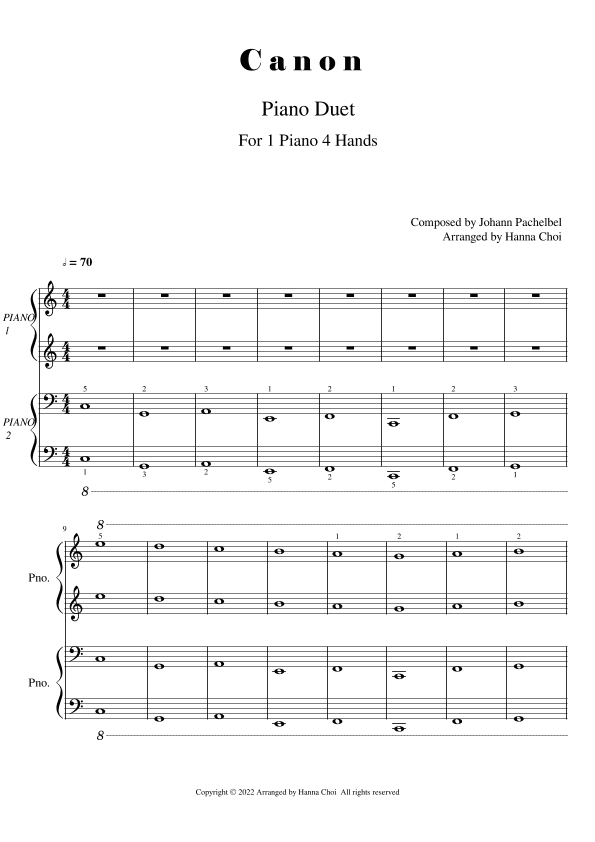 Canon by J.Pachelbel [for Piano Duet /1 piano 4 hands] (arr. Hanna Choi)