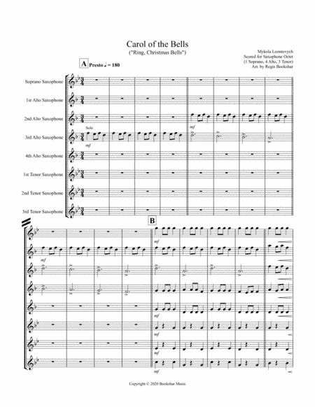 Carol of the Bells (F min) (Saxophone Octet - 1 Sop, 4 Alto, 3 Ten) (arr. Regis Bookshar)