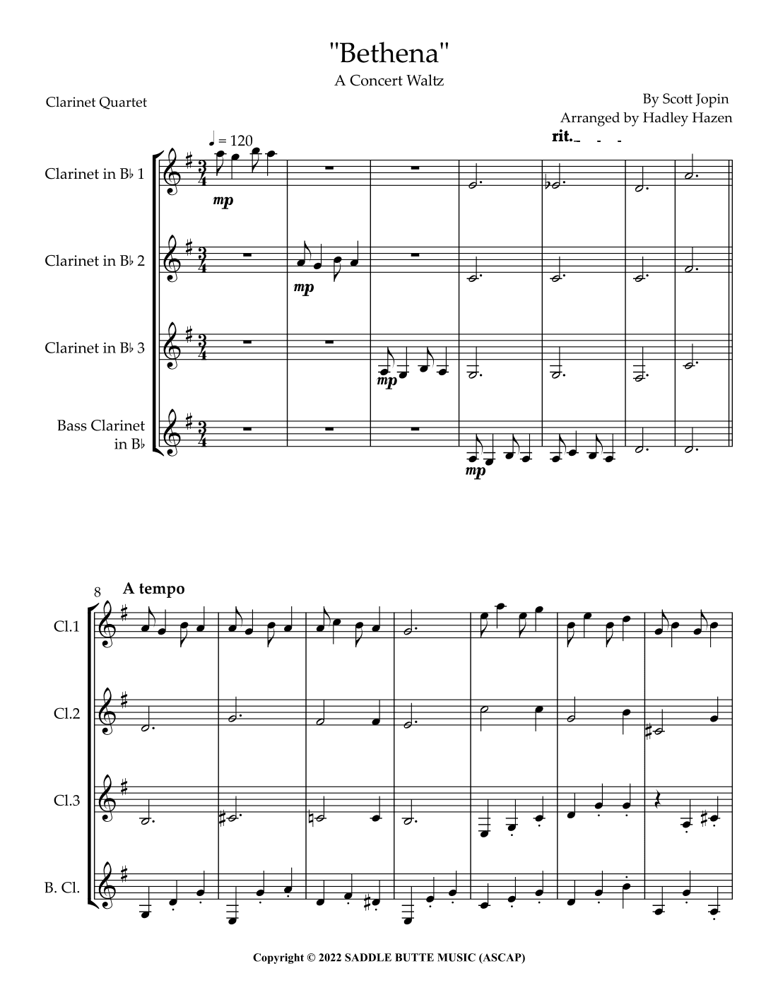 Bethena, A Ragtime Waltz (arr. Hadley Hazen)