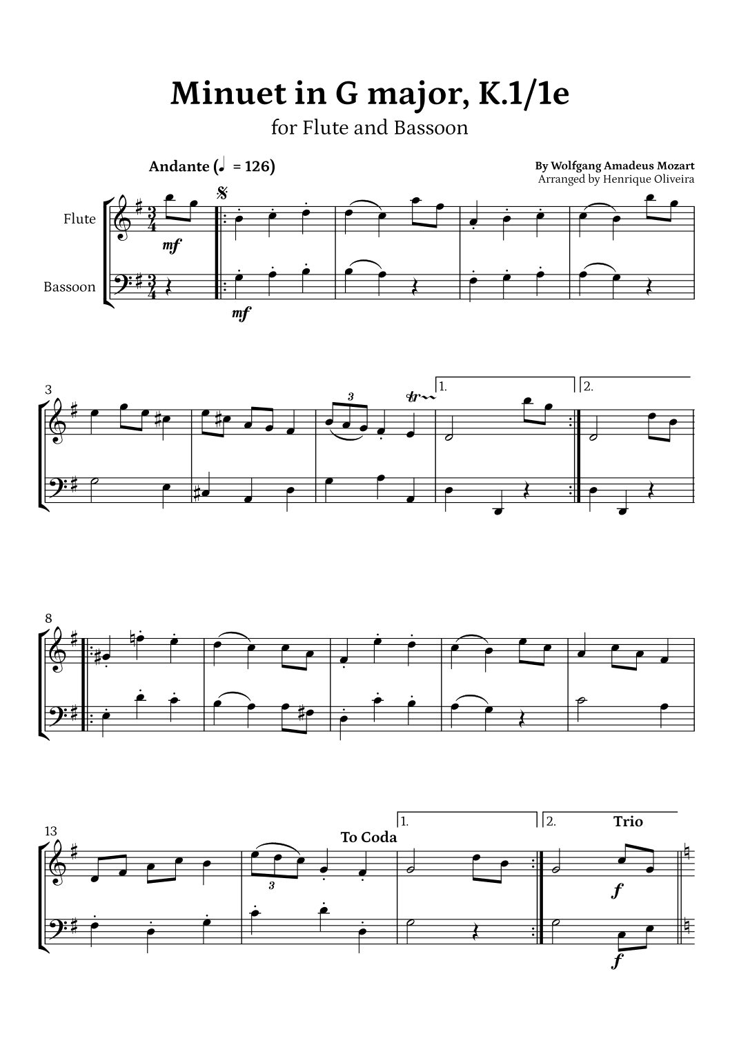 Minuet in G major, K.1/1e (Flute and Bassoon) - W. A. Mozart (arr. Henrique Oliveira)