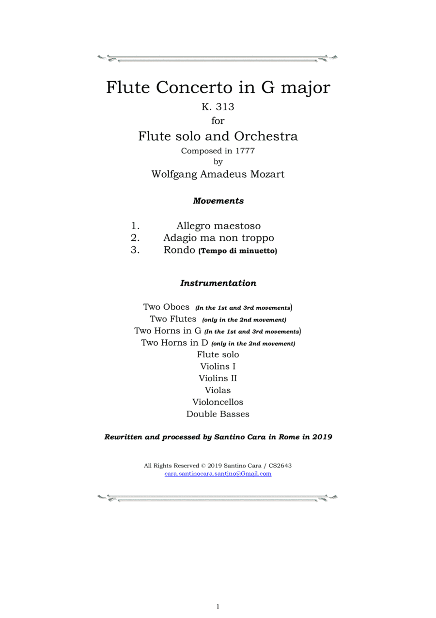 Mozart - Flute Concerto in G major K 313 for Flute and Orchestra - Score and Parts (arr. Santino Cara)