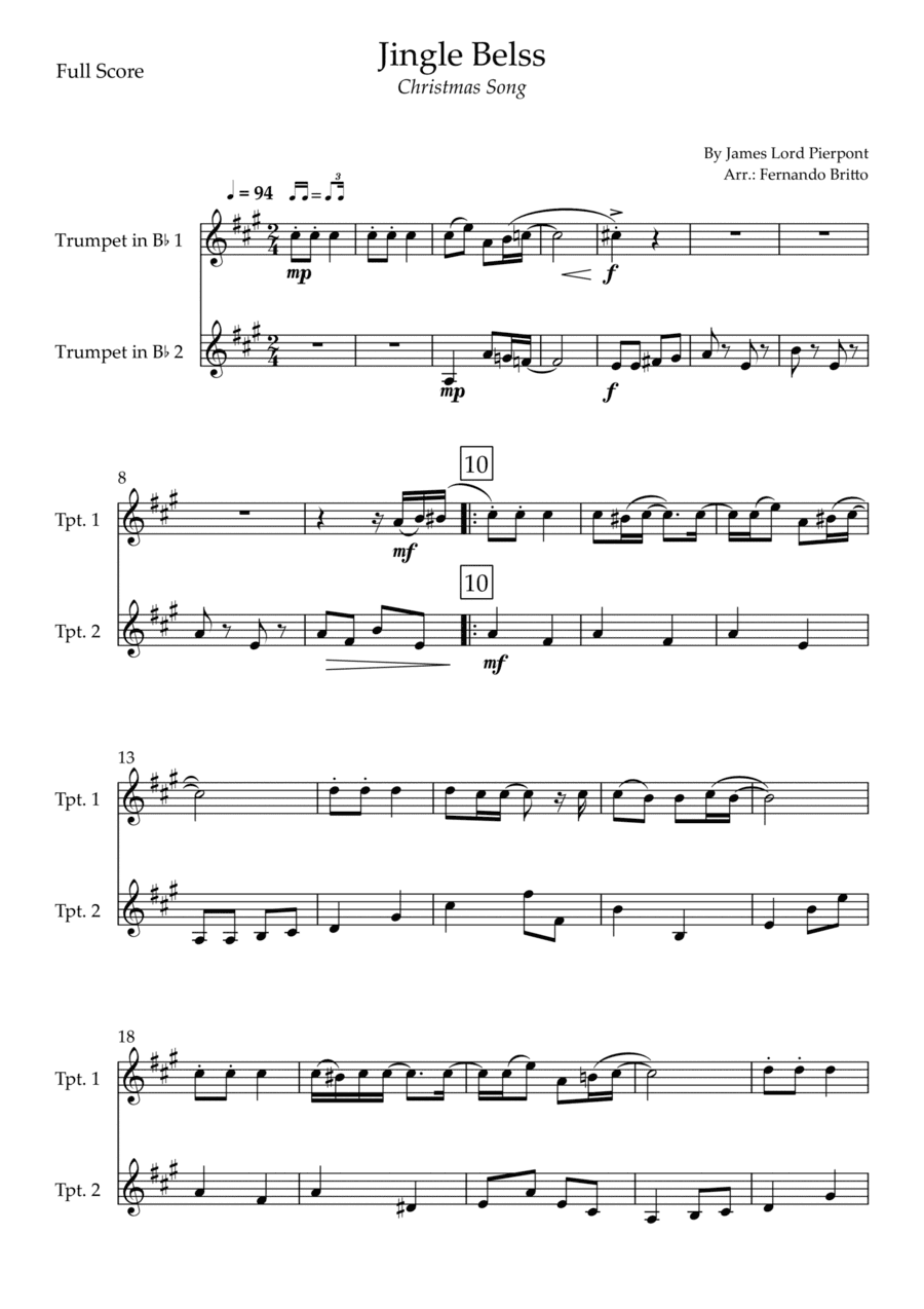 Jingle Bells - Jazz Version (Christmas Song) for Trumpet in Bb Duo (arr. Fernando Britto)