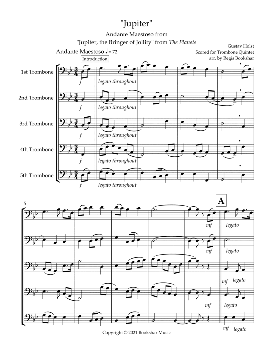 Jupiter (Andante Maestoso from "Jupiter, the Bringer of Jollity" from The Planets) (Bb) (Trombone Qu (arr. Regis Bookshar)