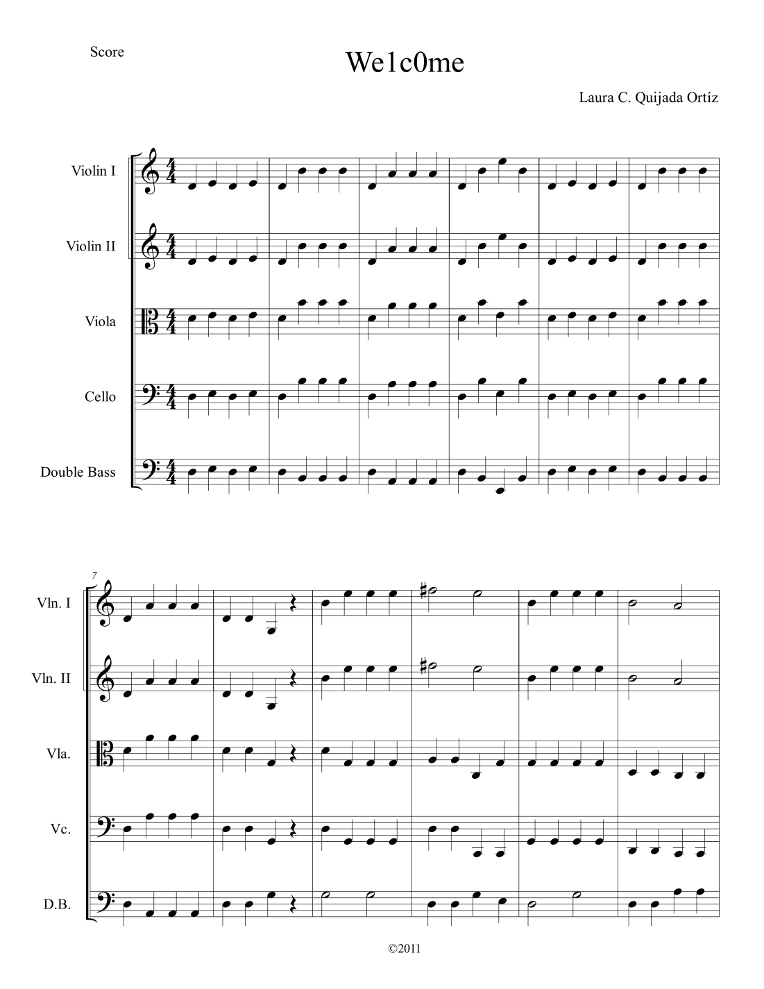 We1c0me. Beginning string orchestra. Open strings and first finger. SCORE & PARTS.