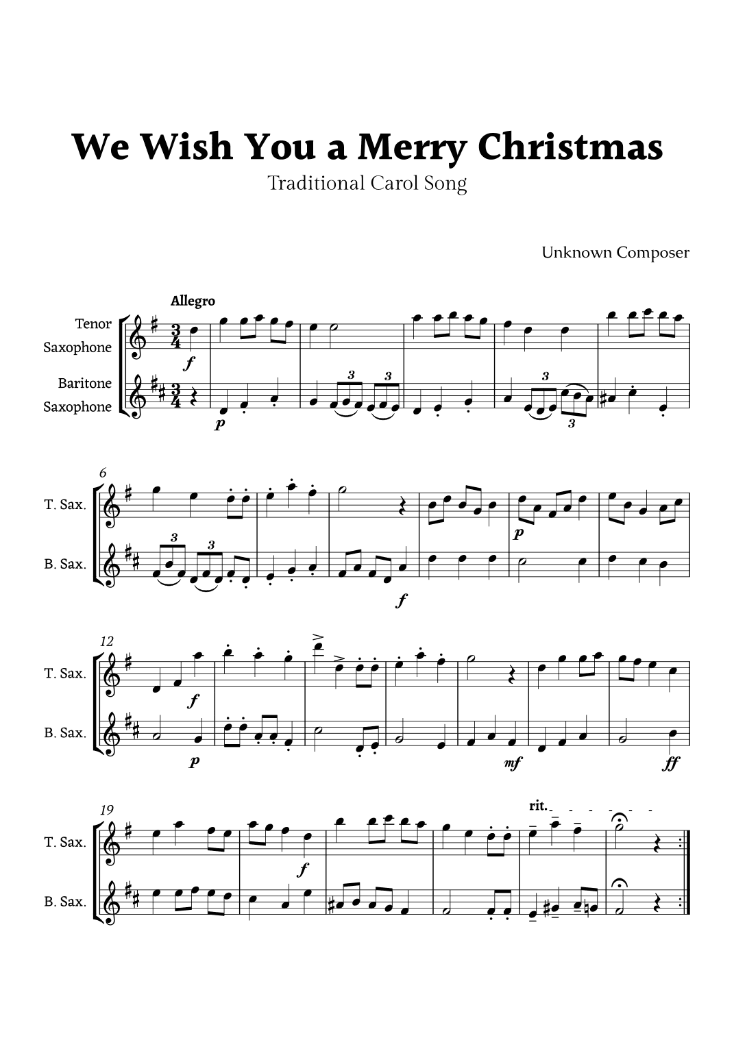 We Wish you a Merry Christmas for Tenor Sax and Baritone Sax Duet (arr. Rika K.)
