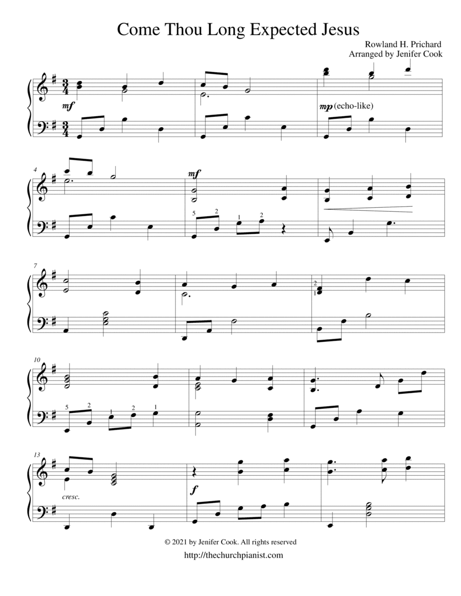 Come Thou Long Expected Jesus (Our Great Savior) (arr. Arranged by Jenifer Cook)