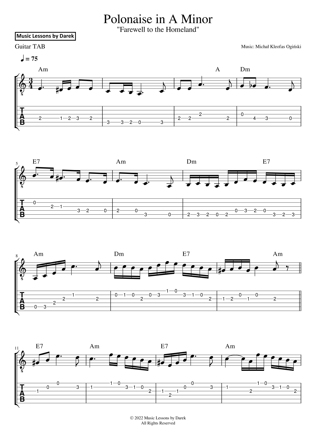 Polonaise in A Minor (GUITAR TAB) "Farewell to the Homeland" [Michal Kleofas Oginski] (arr. Darek)