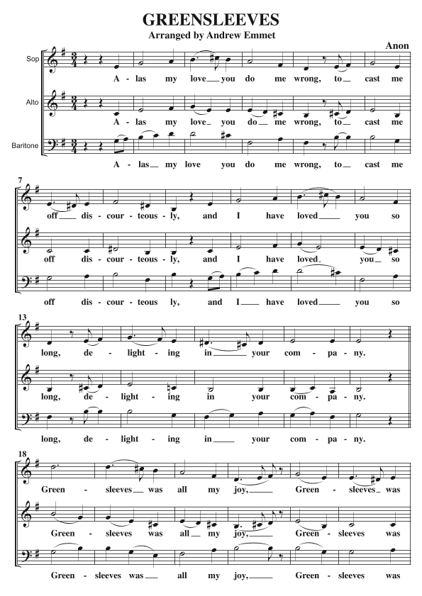 Greensleeves A Cappella SAB (arr. Andrew Emmet)