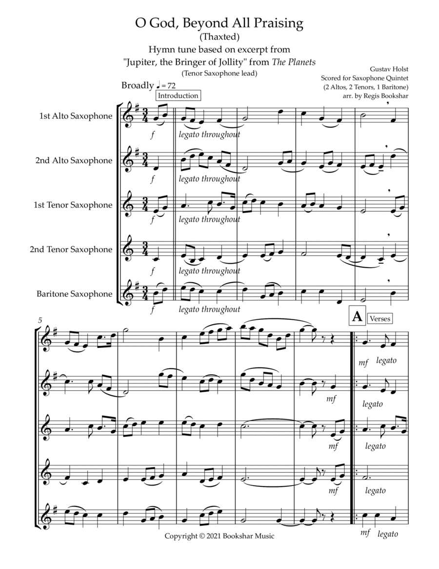 O God, Beyond All Praising (Thaxted) (Bb) (Saxophone Quintet - 2 Alto, 2 Tenor, 1 Bari) (Tenor lead) (arr. Regis Bookshar)