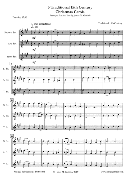 5 Traditional 15th Century Christmas Carols for Soprano, Alto & Tenor Sax Trio (arr. James M. Guthrie, ASCAP)