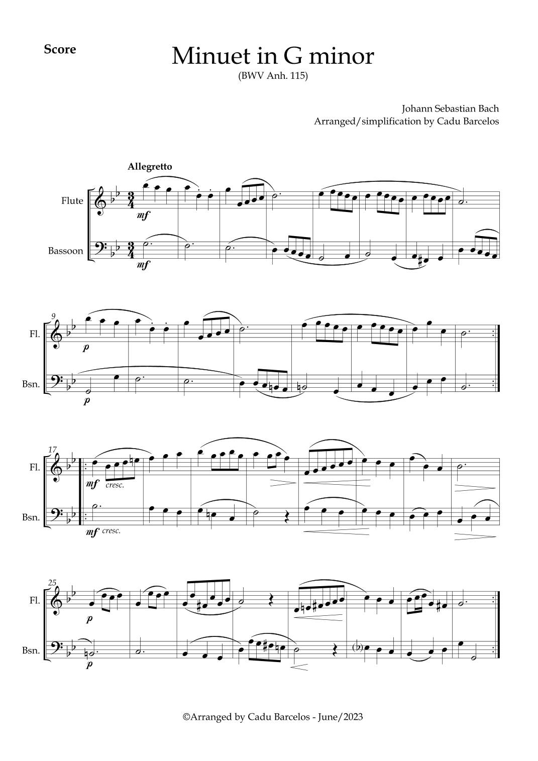 Minuet in G minor BWV anh 115 (Bach) Flute and Bassoon (arr. Cadu Barcelos)