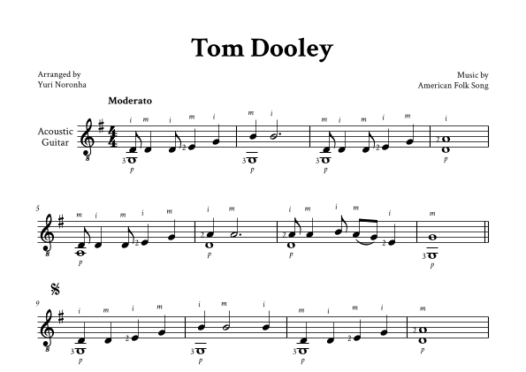 Tom Dooley - Classical Guitar (G Major, with Fingering) (arr. Yuri Noronha)