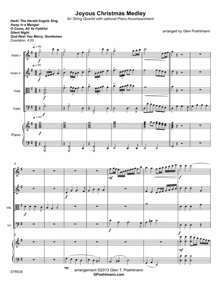 JOYOUS CHRISTMAS MEDLEY - STRING QUARTET with optional Piano (5 Carol Medley) (arr. Glen Poehlmann)