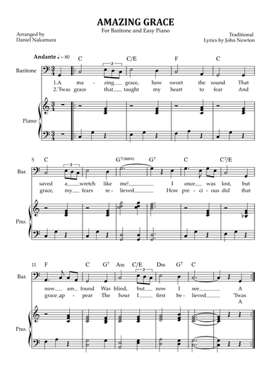 Amazing Grace (for baritone vocal with easy piano) (arr. John Newton)