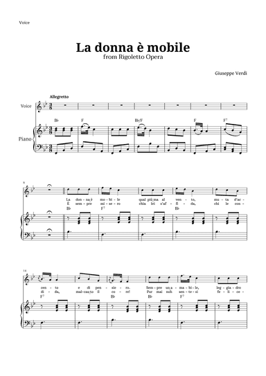 La donna è mobile in B-flat major for Voice and Piano (arr. Langanho)