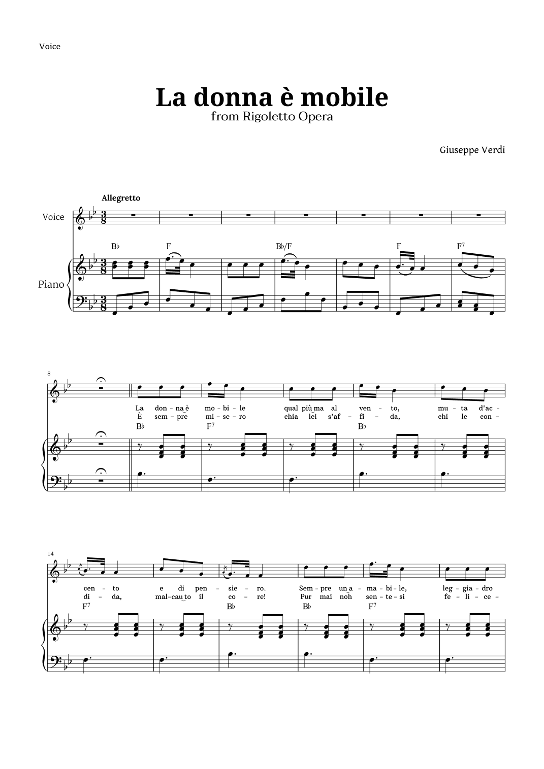 La donna è mobile in B-flat major for Voice and Piano (arr. Langanho)