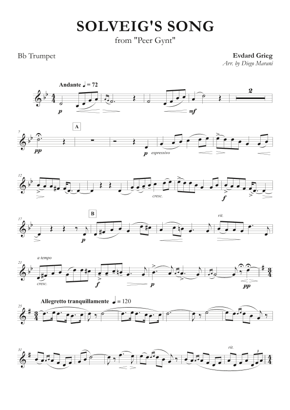 Solveig's Song from "Peer Gynt" for Trumpet and Piano (arr. Diego Marani)