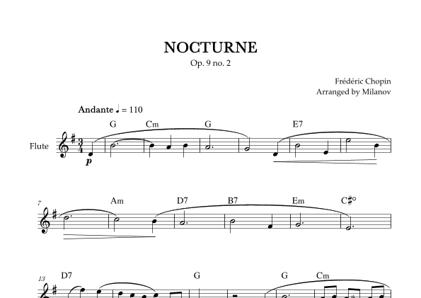 Chopin Nocturne op. 9 no. 2 | Flute | G Major | Chords | Easy beginner (arr. Milanov)