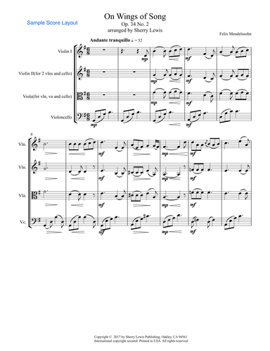 ON WINGS OF SONG String Trio, Intermediate Level for 2 violins and cello or violin, viola and cello (arr. Sherry Lewis)