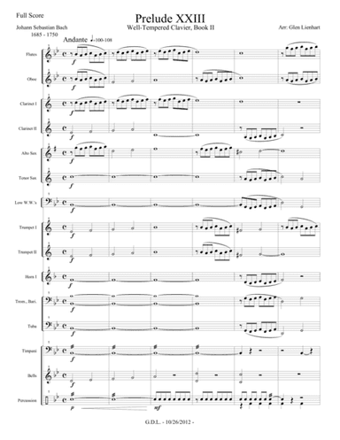 Prelude no. 23, Well-Tempered Clavier, Book II - Extra Score (arr. Glen D. Lienhart)