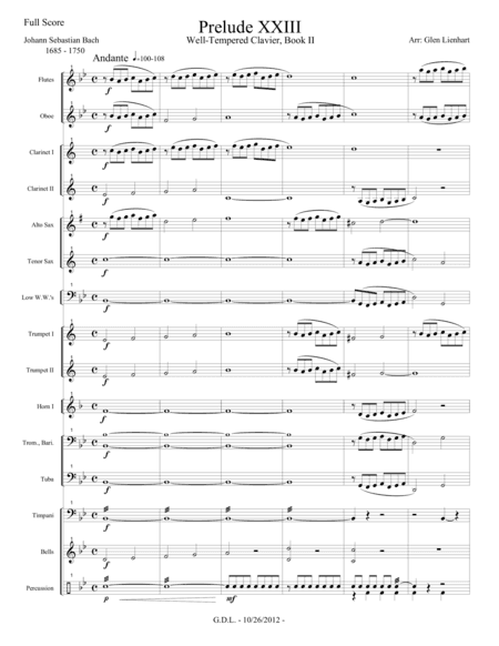 Prelude no. 23, Well-Tempered Clavier, Book II - Extra Score (arr. Glen D. Lienhart)