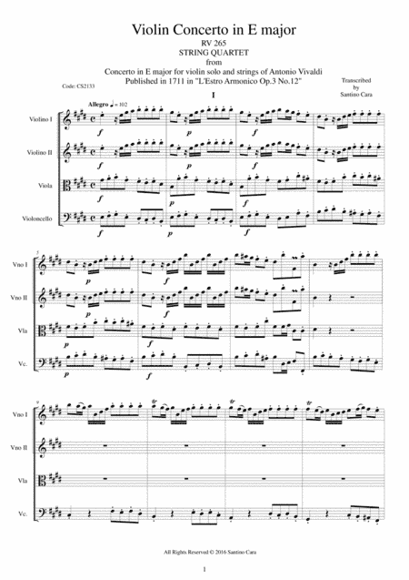 Vivaldi - Violin Concerto in E major RV 265 Op.3 No.12 for String Quartet (arr. Santino Cara)