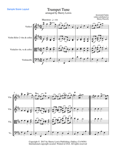 TRUMPET TUNE, Jeremiah Clarke (sometimes attributed to H.Purcell), String Trio, Intermediate Level f (arr. Sherry Lewis Publishing)