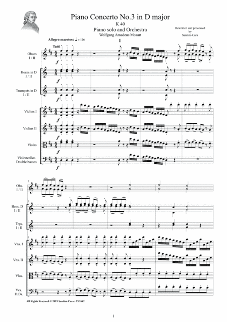 Mozart - Piano Concerto No.3 in D major K 40 for Piano solo and Orchestra - Score and Parts (arr. Santino Cara)