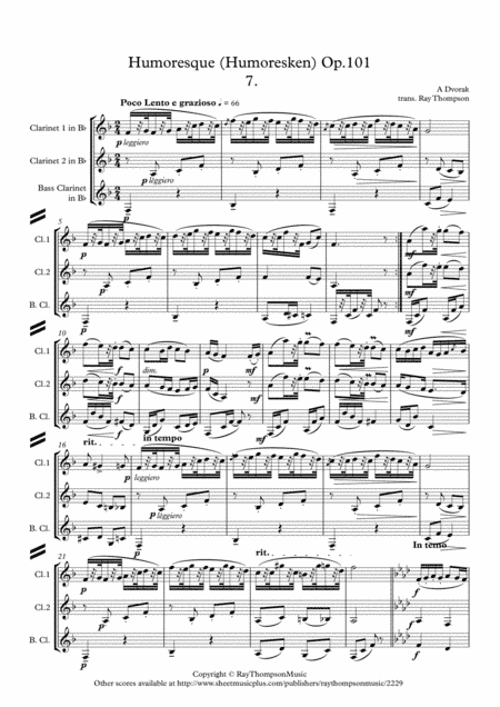 Dvorak: Humoresques Op.101 No.7 - clarinet trio (2 Bb and bass) (arr. Ray Thompson)