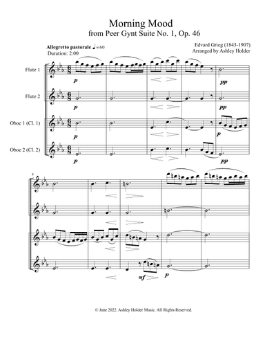 Morning Mood from Peer Gynt Suite No. 1 for Woodwind Quartet (arr. Ashley Holder)