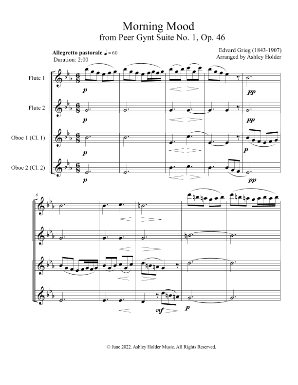 Morning Mood from Peer Gynt Suite No. 1 for Woodwind Quartet (arr. Ashley Holder)