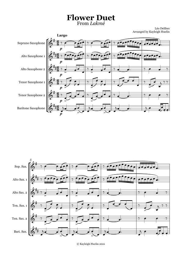Flower Duet from Lakmé (Delibes) - Saxophone sextet (SAATTB) (arr. Kayleigh Huelin)