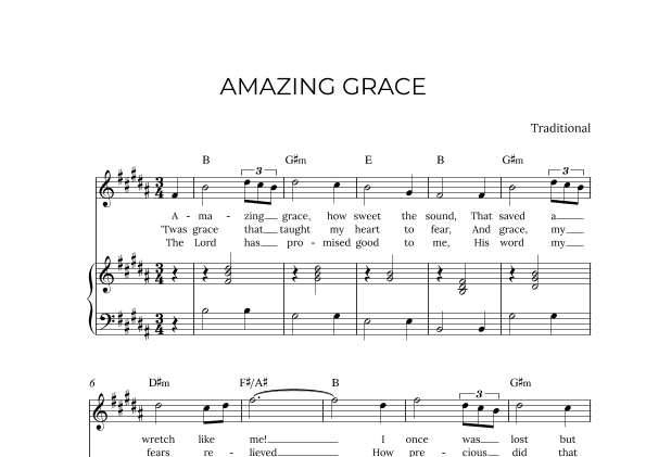 AMAZING GRACE - for piano and alto in B major with chords (arr. Alex Nunes Rodrigues)