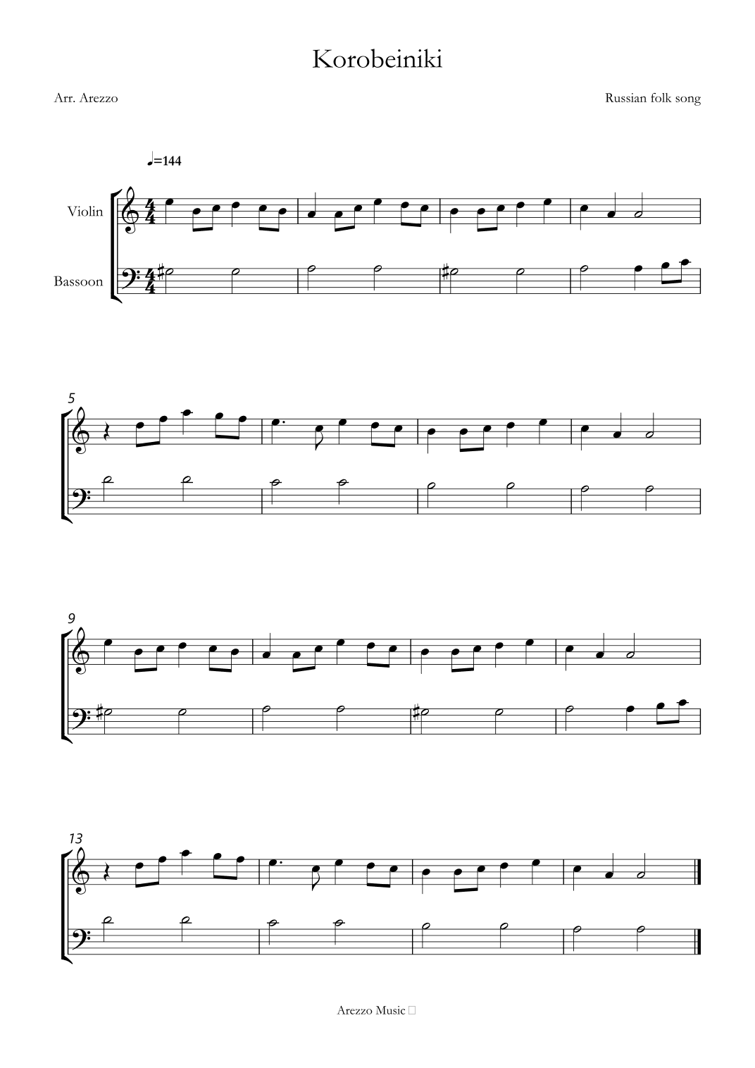 korobeiniki tetris theme violin and Bassoon sheet music (arr. Arezzo Music)