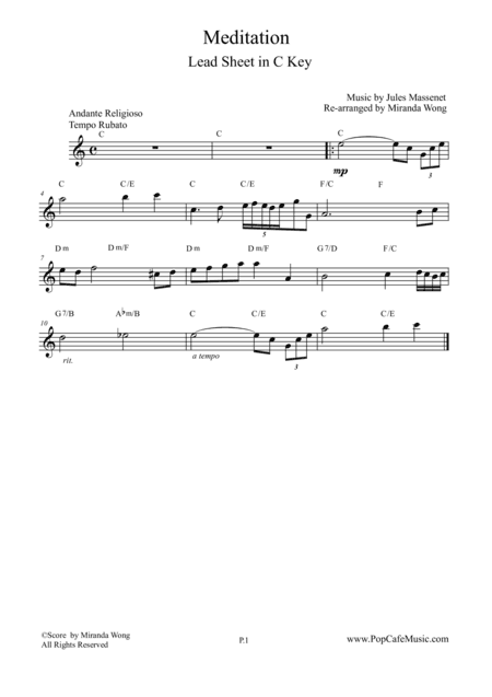 Meditation (from Thais) - Violin Solo in C Key (arr. Miranda Wong)