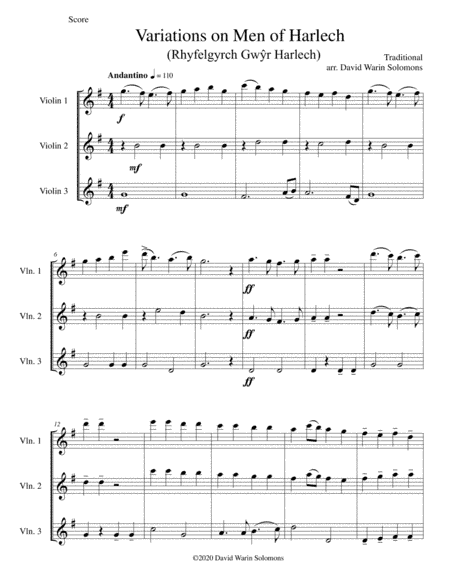 Variations on Men of Harlech (Rhyfelgyrch Gwyr Harlech) for violin trio (arr. David Warin Solomons)
