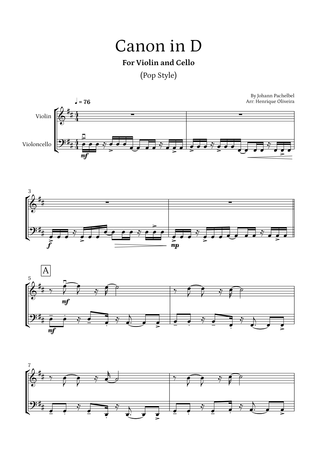 Canon in D (Pop Style) - For Violin and Cello (arr. Henrique Oliveira)