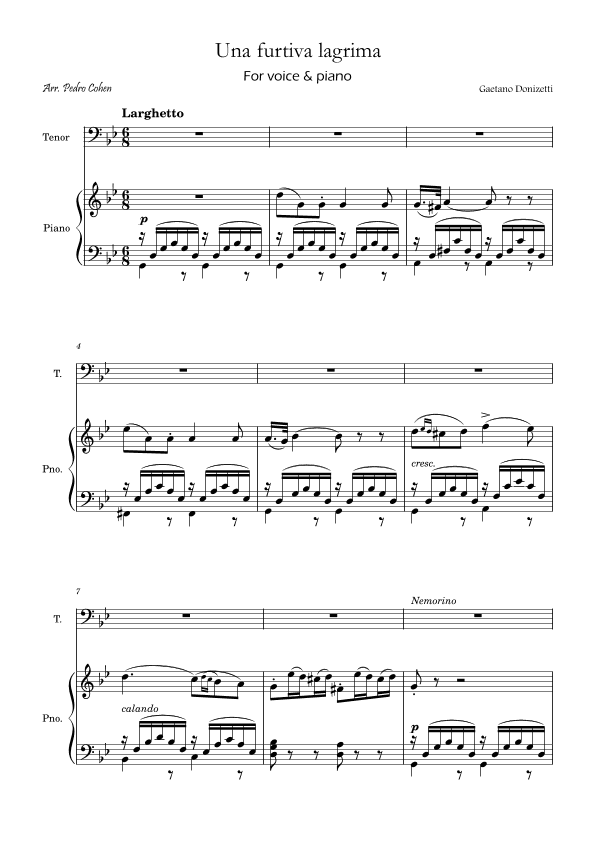 Una Furtiva Lagrima (Tenor in Gm) (arr. Pedro Cohen)