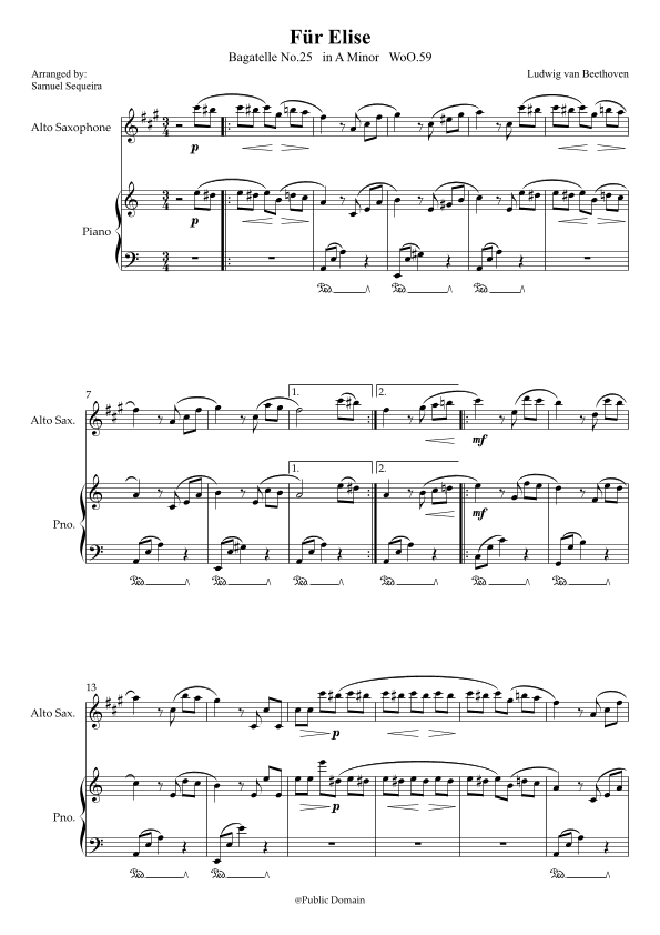 Für Elise (For Elise) - for Alto Saxophone and Piano accompaniment - with Piano Play along (arr. Samuel Sequeira)