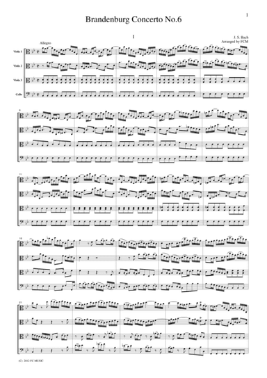 J.S.Bach  Brandenburg Concerto No.6, all mvts. for 3 Violas, Vc, for string quartet, CB226 (arr. FCMUSIC)