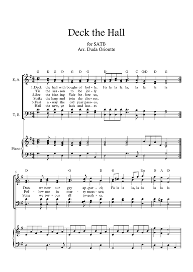 Deck the Halls ( SABT - G major - two staff - with chords - with piano) (arr. Duda Oriontte)