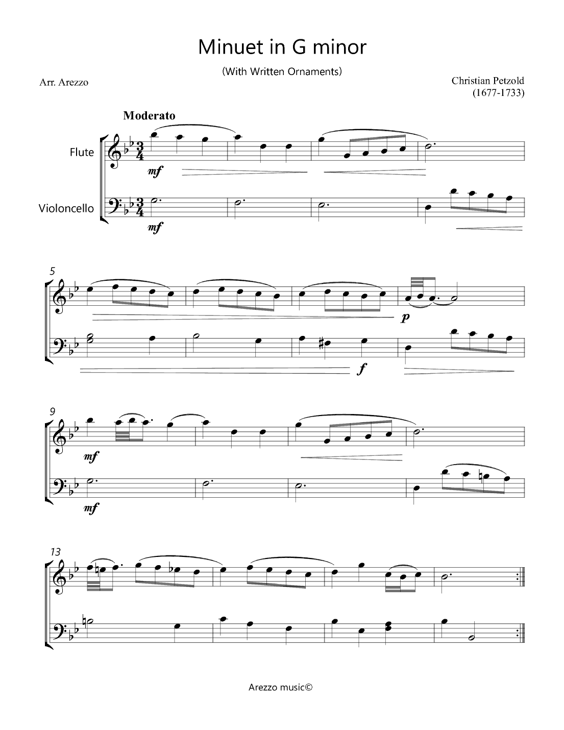 Minuet in G minor BWV Anh 115 - Flute and Cello Sheet Music (arr. Arezzo Music)