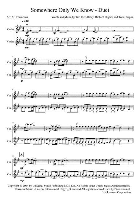 Somewhere Only We Know (arr. Steven E Thompson)
