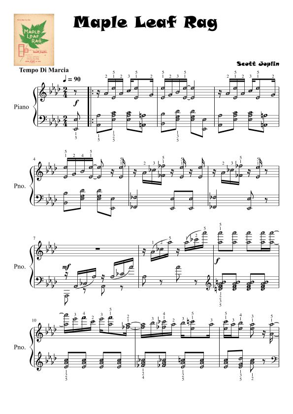 Maple Leaf Rag ORIGINAL version with note names & finger numbers (arr. Published Harmony)
