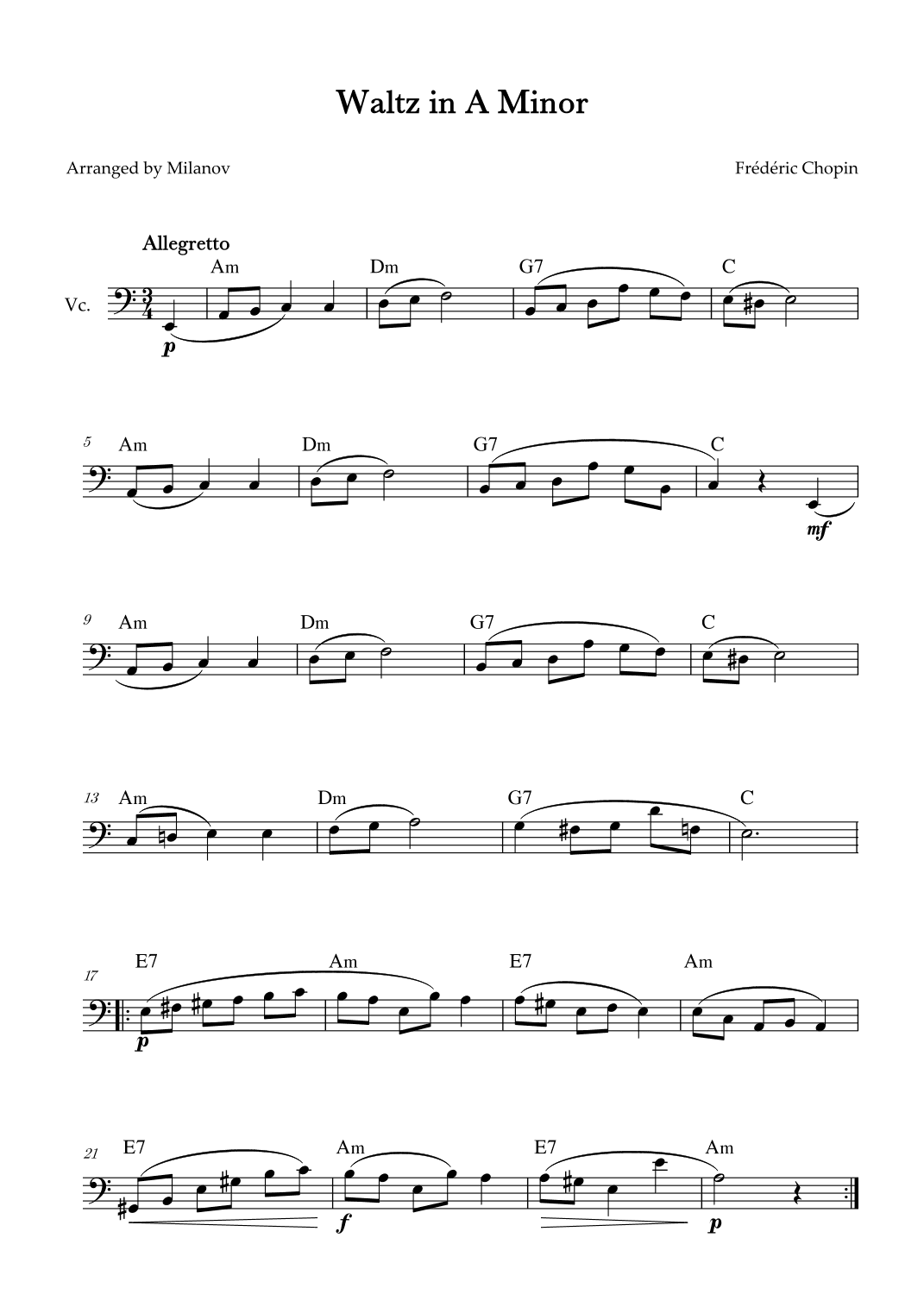 Waltz in A Minor | B. 150,  Op. Posth. | Chopin | Cello | Chords (arr. Milanov)