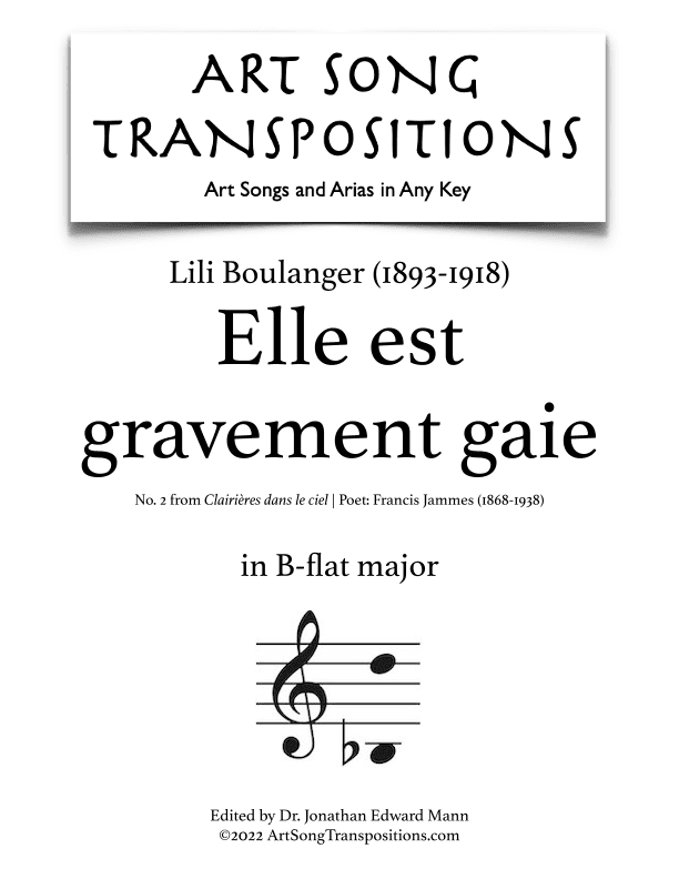 BOULANGER: Elle est gravement gaie (transposed to B-flat major) (arr. ArtSongTranspositions.com)
