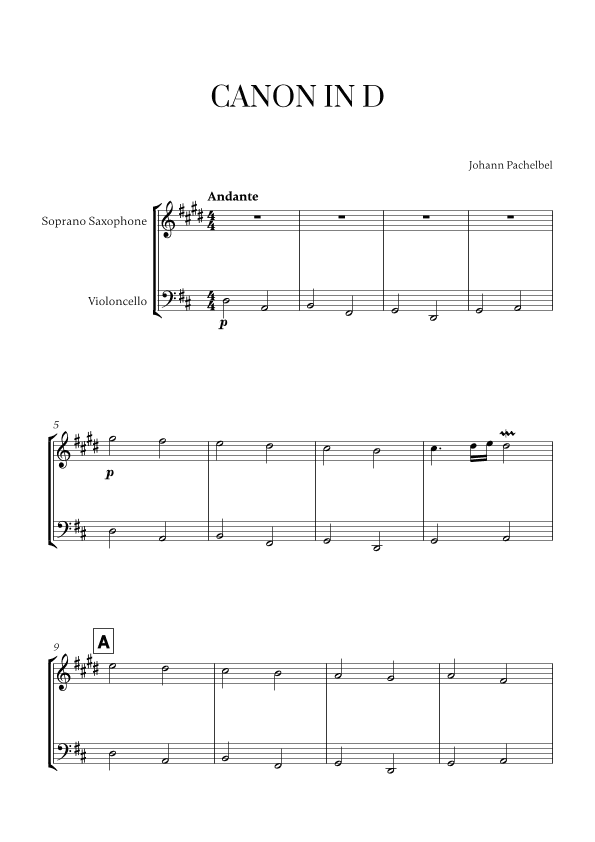 Canon in D (for Soprano Saxophone and Cello) (arr. Cadenza Editions)