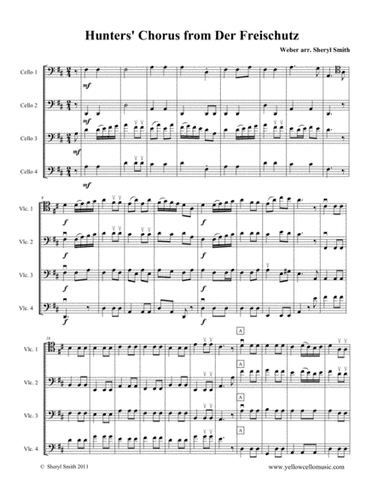 Hunters' Chorus from Der Freischutz arranged for intermediate cello quartet (four cellos) (arr. Yellow Cello Music)